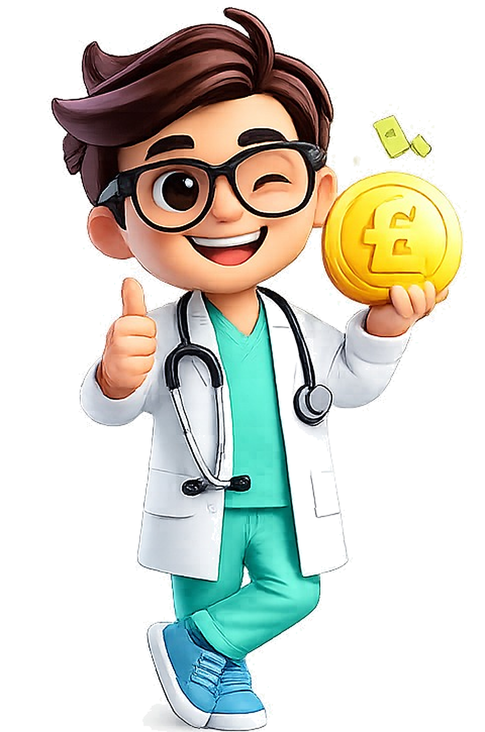 My Debt Doctor mascot holding a pound coin
