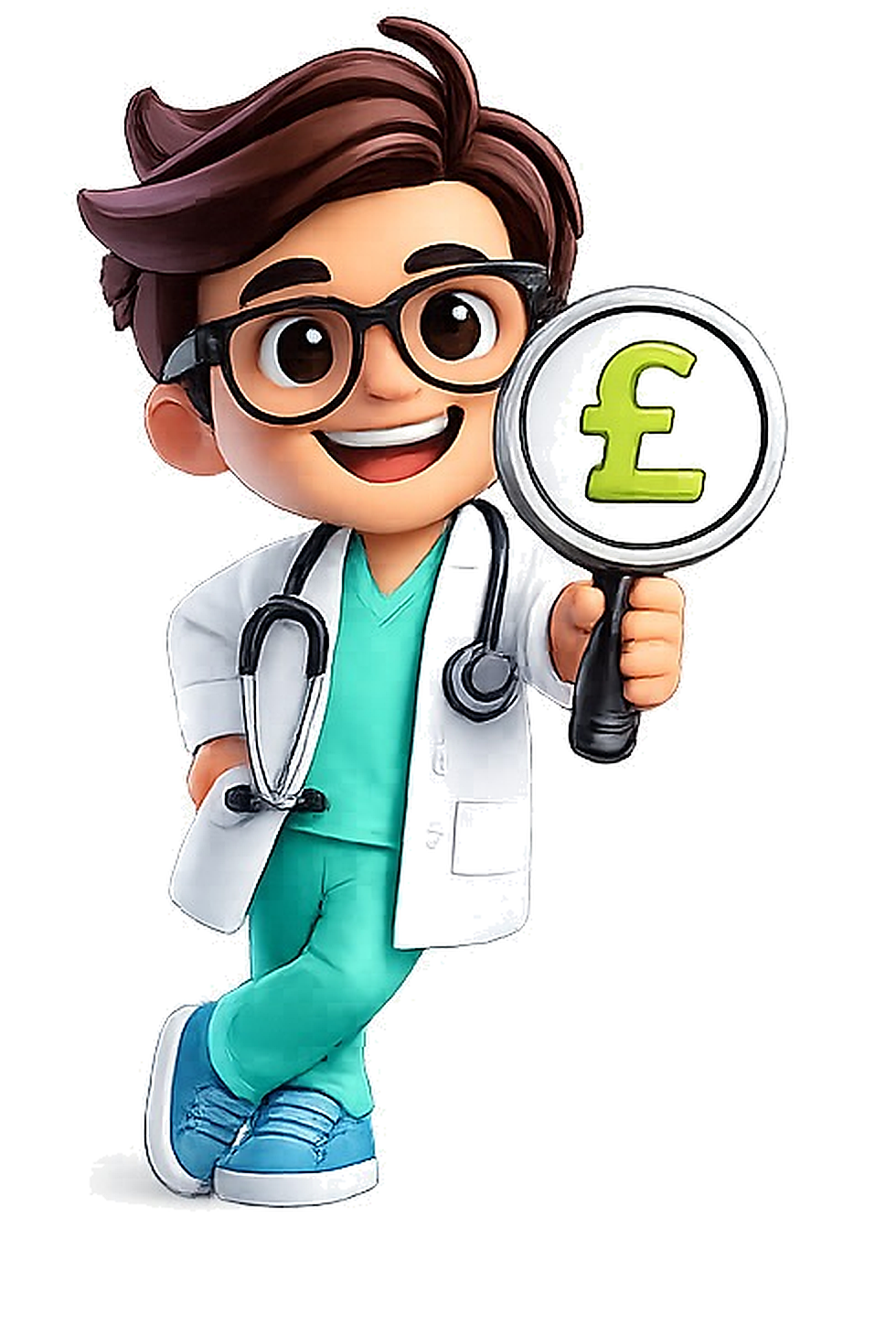 My Debt Doctor mascot holding a pound magnifying glass